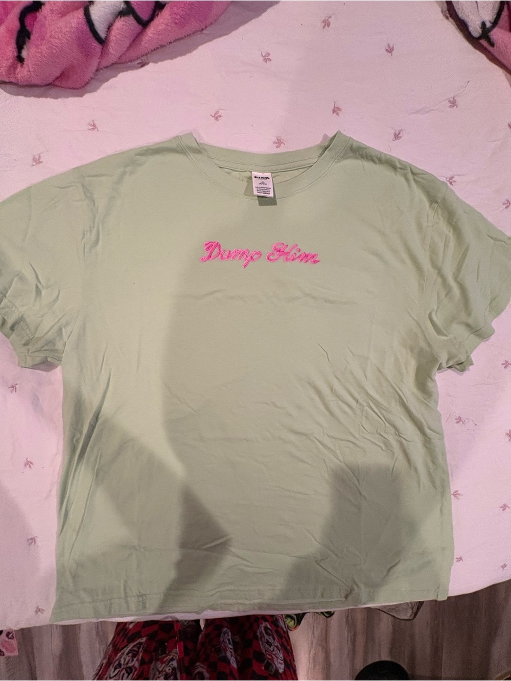 PINK Victoria's Secret Light Green Tee with Pink Embroidered Script